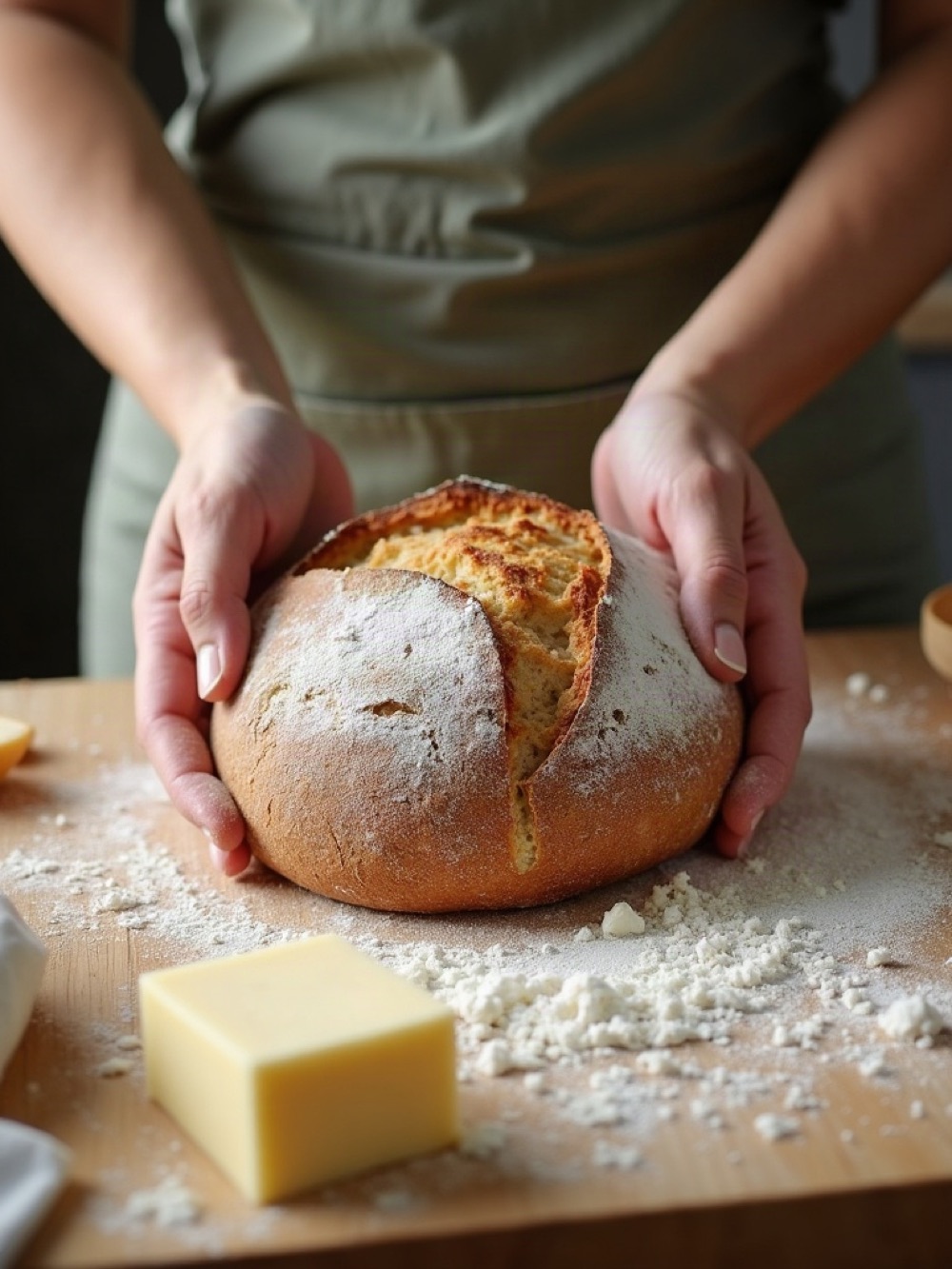 Hands shaping a country loaf on a floured wooden bench