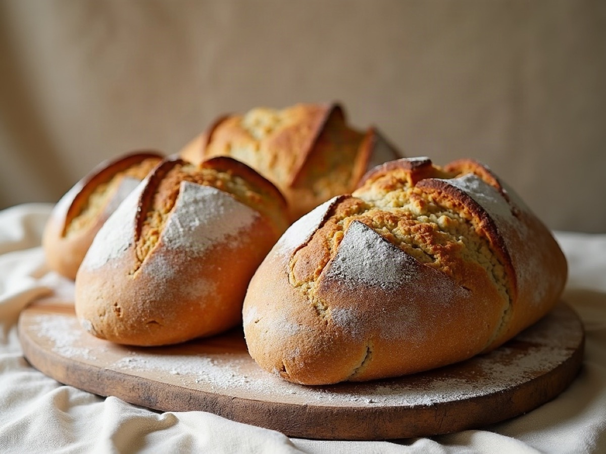 Country loaves with golden crusts cooling on a wooden peel