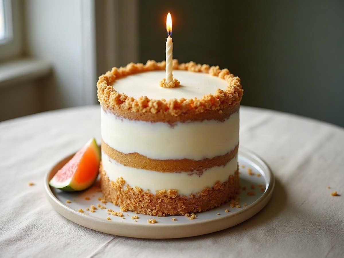 A buttercream celebration cake on linen, with no writing on the icing