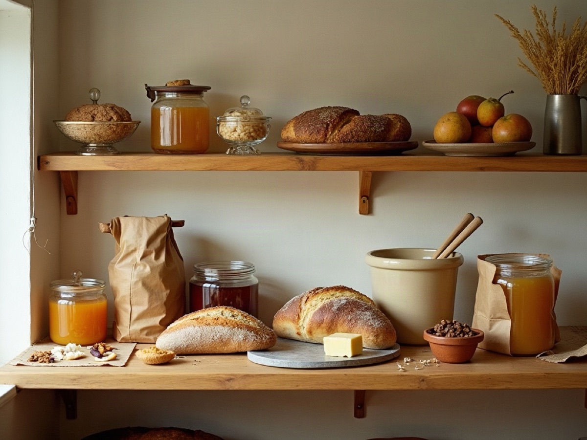Farm jars, butter, and a country loaf on an oak shop shelf