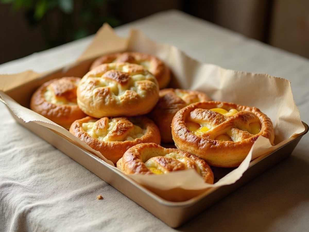 Butter pastries and a fruit pie on a bakery table